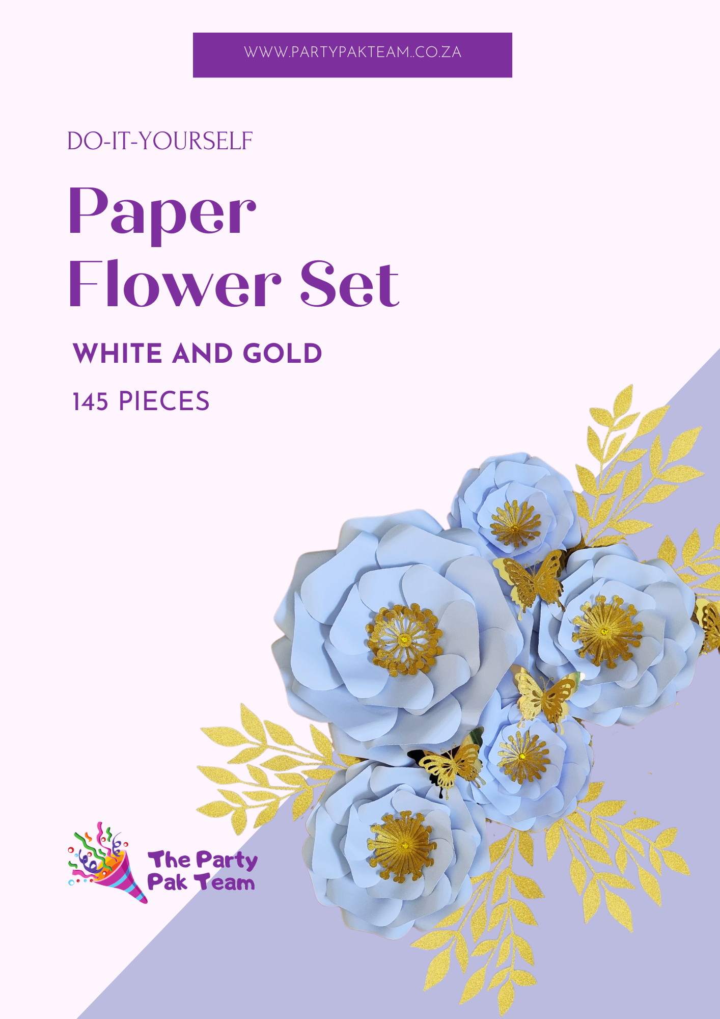DO IT YOURSELF SET OF 5 PAPER FLOWERS WITH PAPER BUTTERFLIES AND LEAVES WHITE AND GOLD, Nursery paper flowers, nursery decor, paper flowers backdrop, birthday, baby shower