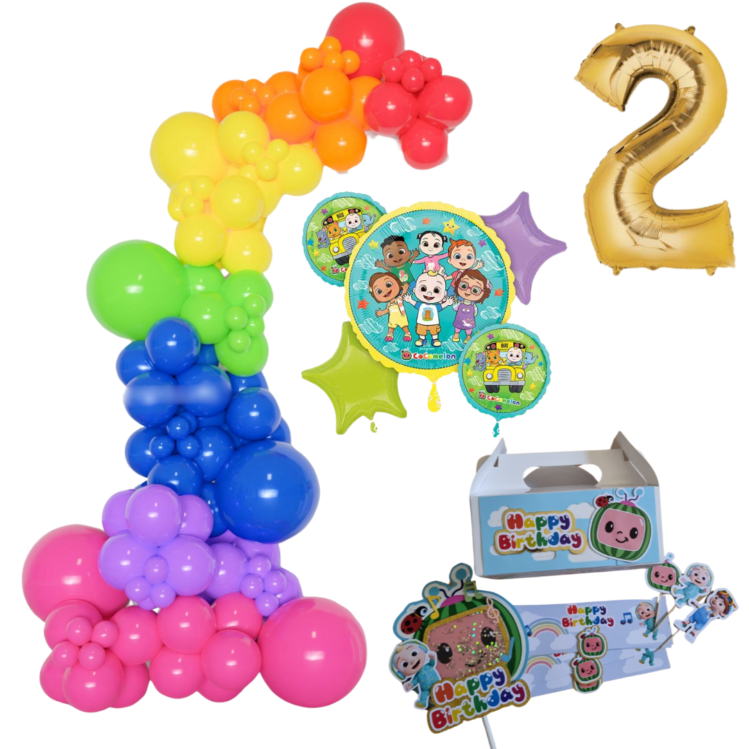 Cocomelon Themed Rainbow Balloon Garland Kit Number 2 with Party Decor white