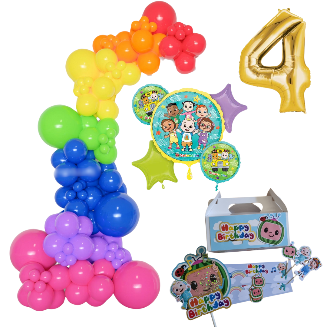 Cocomelon Themed Rainbow Balloon Garland Kit Number 4 with Party Decor white