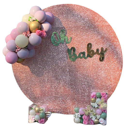 OH BABY Sequins Round Backdrop Balloon Garland and Baby Boxes