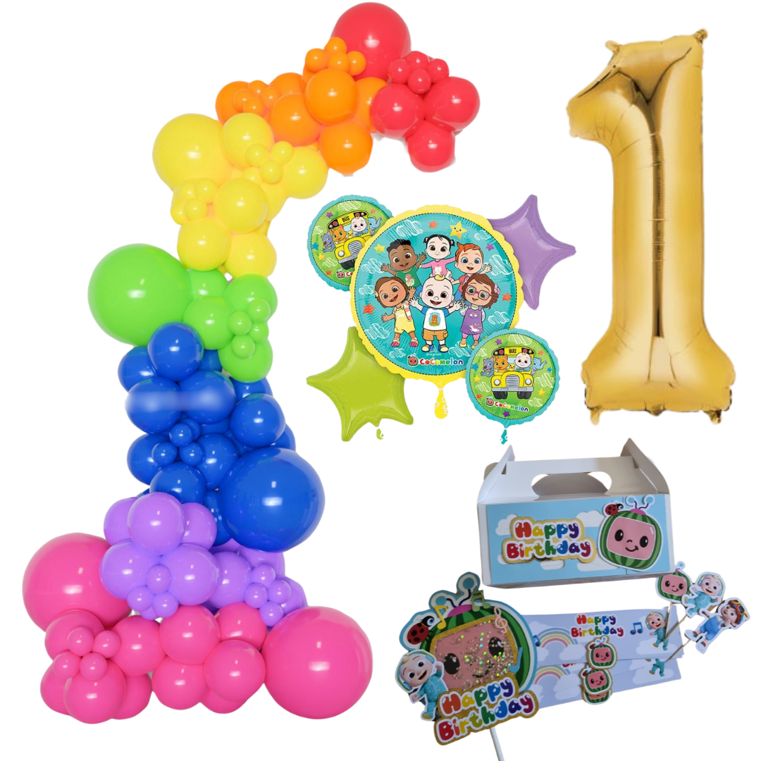 Cocomelon Themed Rainbow Balloon Garland Kit Number 1 with Party Decor white