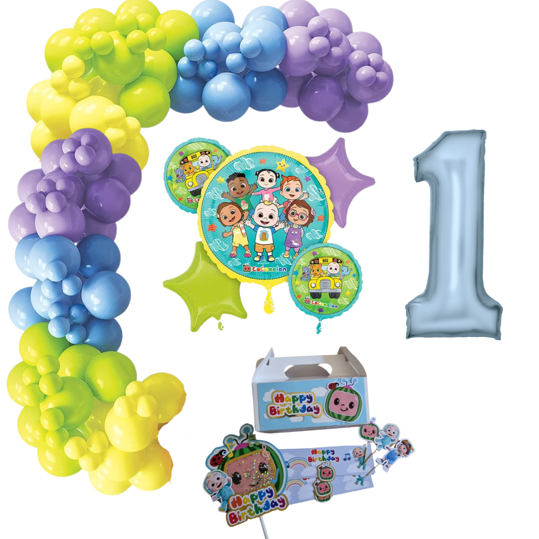 Cocomelon Themed Balloon Garland Kit Number 1 with Party Decor White