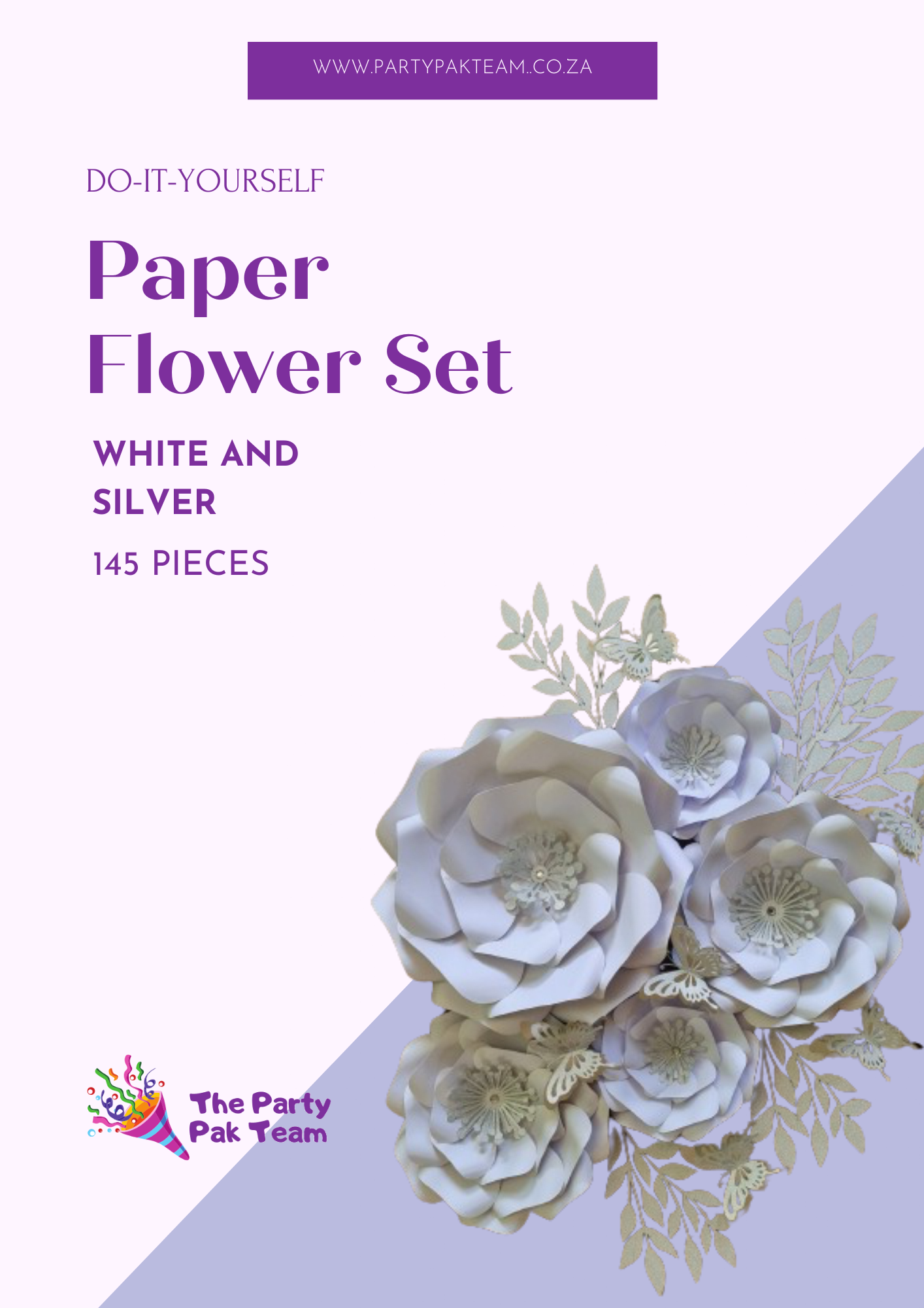 DO IT YOURSELF SET OF 5 PAPER FLOWERS WITH PAPER BUTTERFLIES AND LEAVES WHITE AND SILVER, Nursery paper flowers, nursery decor, paper flowers backdrop, birthday, baby shower