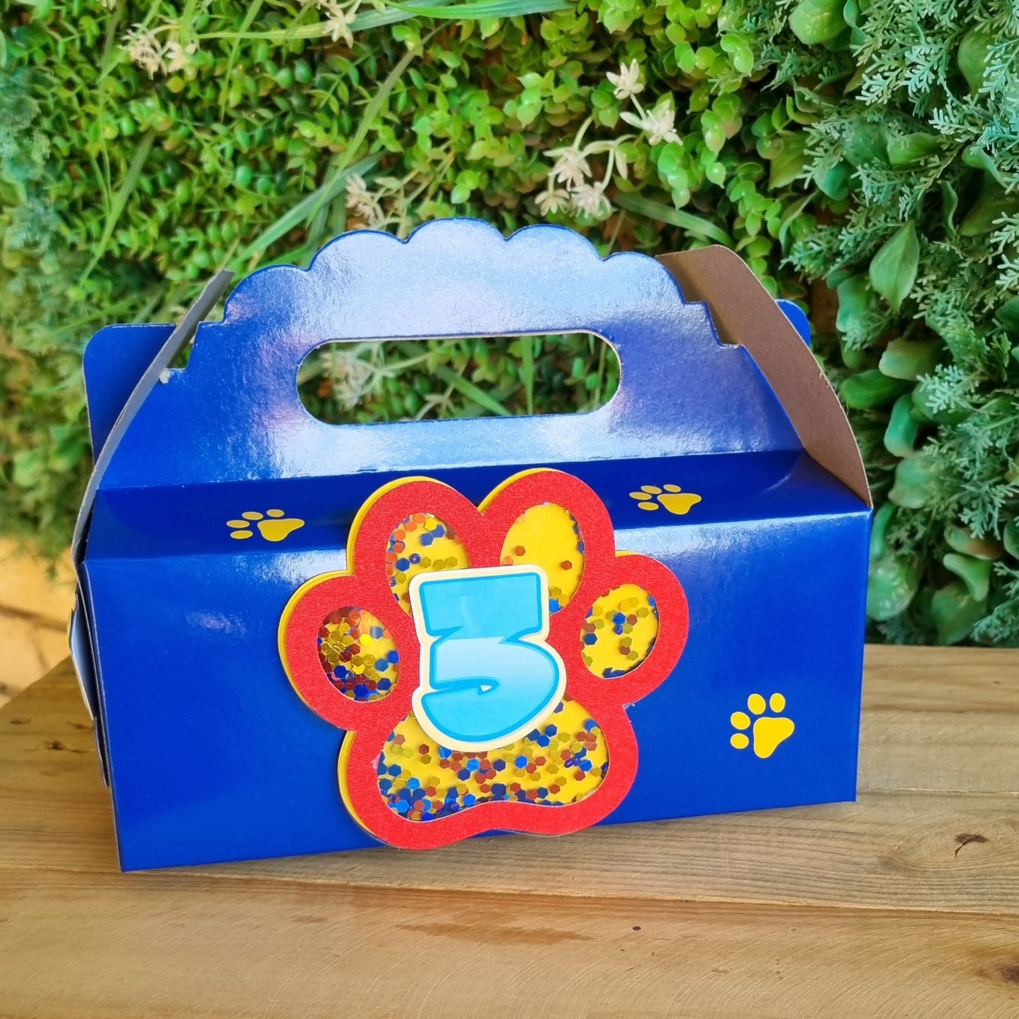 Blue box with a colorful design on a wooden surface and green plants in the background
