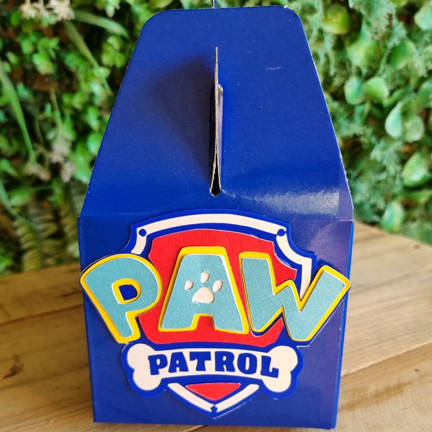 Blue tool with Paw Patrol logo on a wooden surface and green grass background
