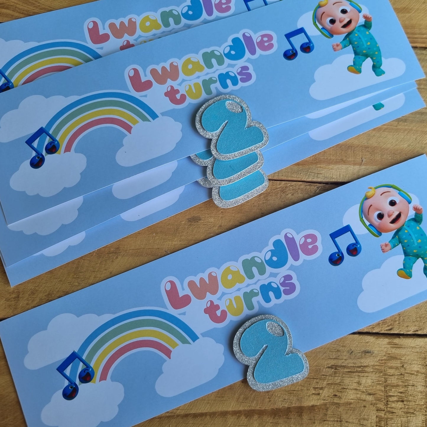 COCOMELON BOTTEL LABELS SET OF 4 birthday party themed decor personalized with name and age