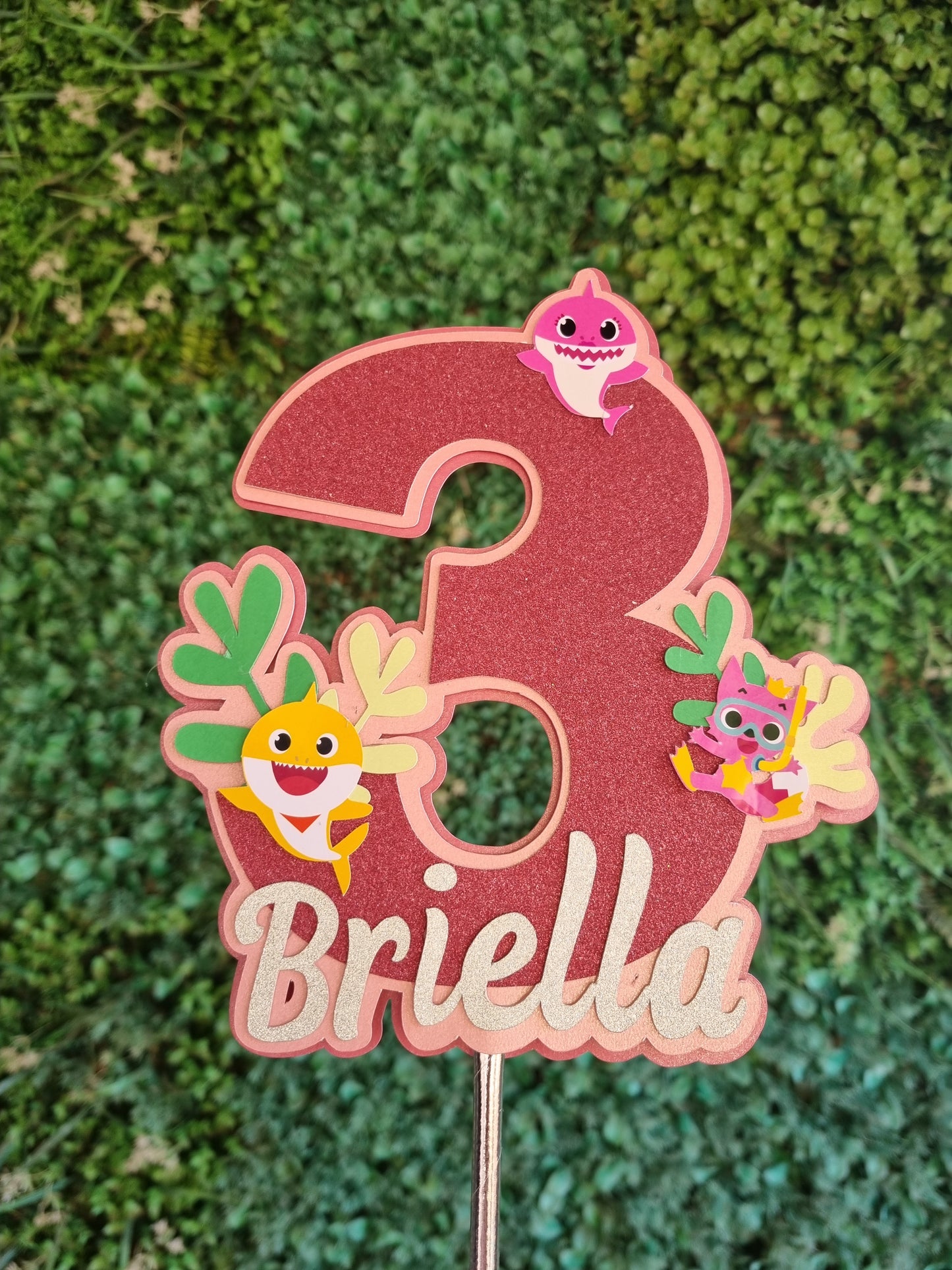 BABY SHARK CAKE TOPPER B birthday party themed decor glitter shaker style personalized with name and age