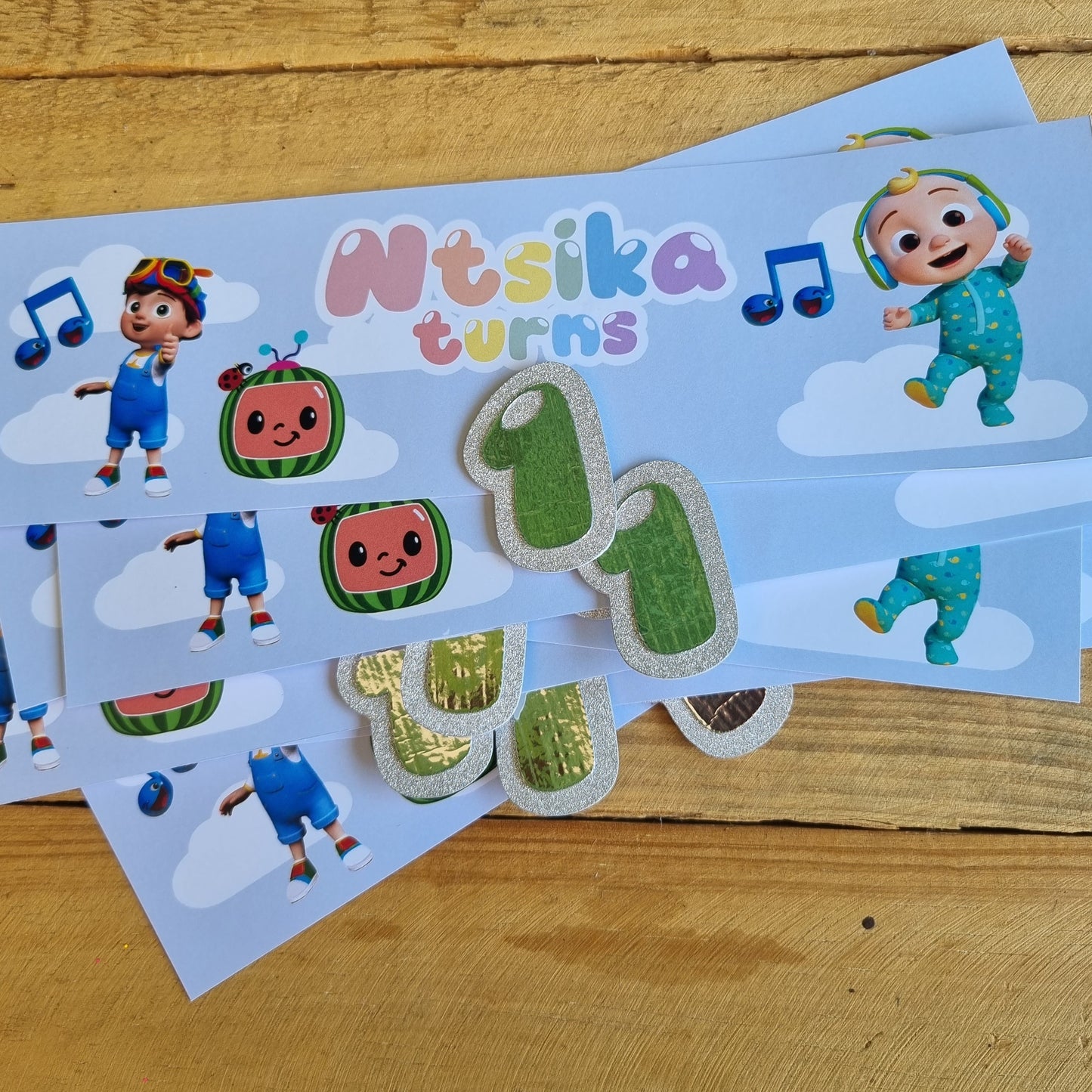 COCOMELON BOTTEL LABELS SET OF 4 birthday party themed decor personalized with name and age