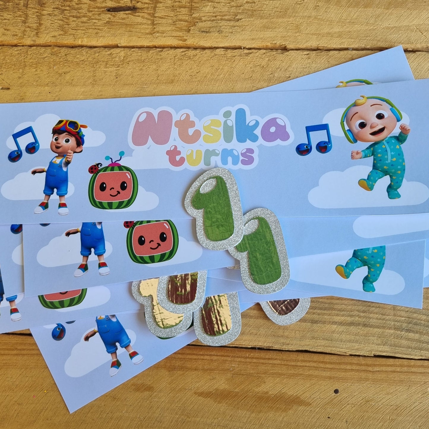 COCOMELON BOTTEL LABELS SET OF 4 birthday party themed decor personalized with name and age
