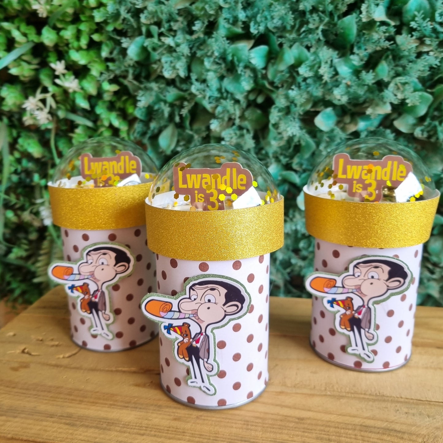 MR BEAN PRINGLES birthday party themed decor glitter shaker style personalized with name and age