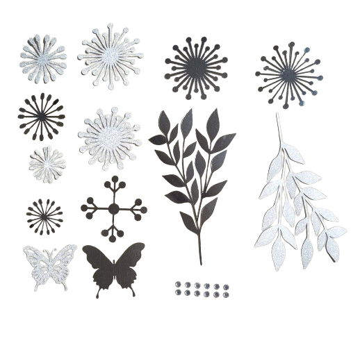 DO IT YOURSELF SET OF 5 PAPER FLOWERS WITH PAPER BUTTERFLIES AND LEAVES WHITE AND SILVER, Nursery paper flowers, nursery decor, paper flowers backdrop, birthday, baby shower