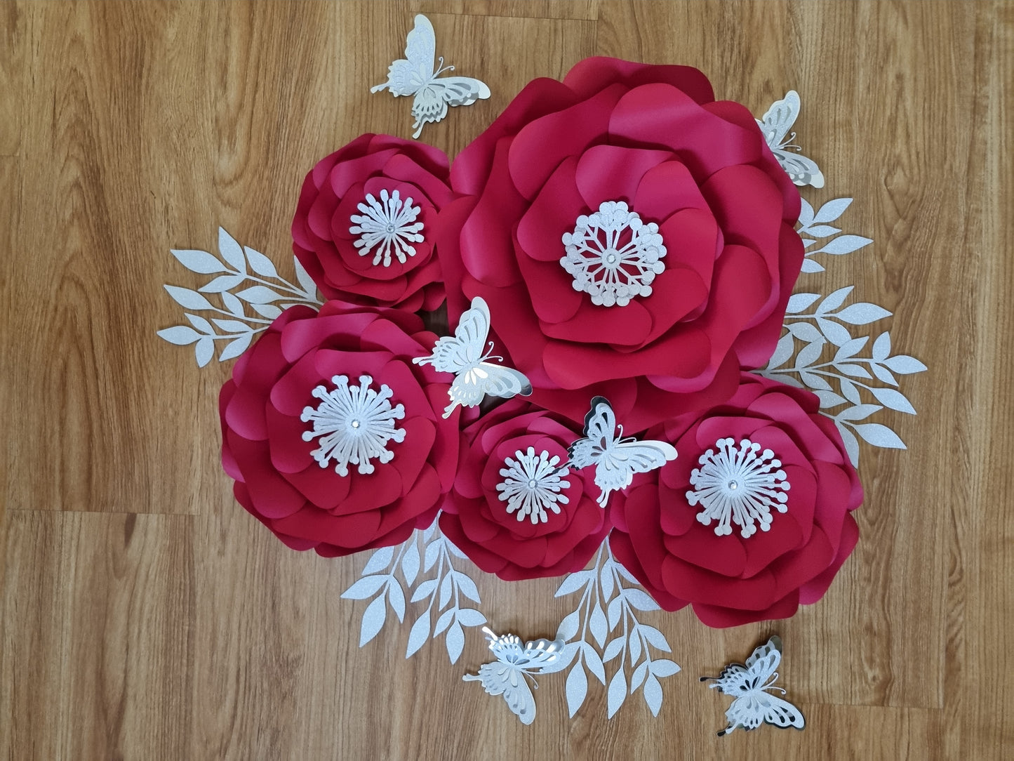 DO IT YOURSELF SET OF 5 PAPER FLOWERS WITH PAPER BUTTERFLIES AND LEAVES RED AND SILVER, Nursery paper flowers, nursery decor, paper flowers backdrop, birthday, baby shower