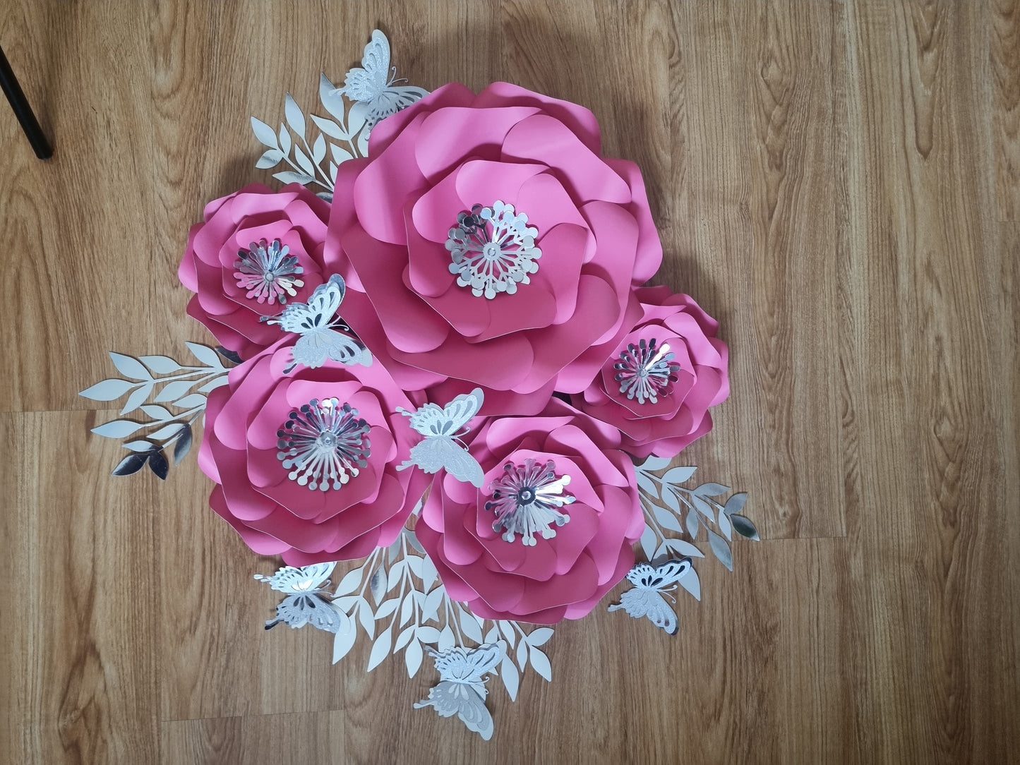 DO IT YOURSELF SET OF 5 PAPER FLOWERS WITH PAPER BUTTERFLIES AND LEAVES BRIGHT PINK/CERISE AND SILVER, Nursery paper flowers, nursery decor, paper flowers backdrop, birthday, baby shower