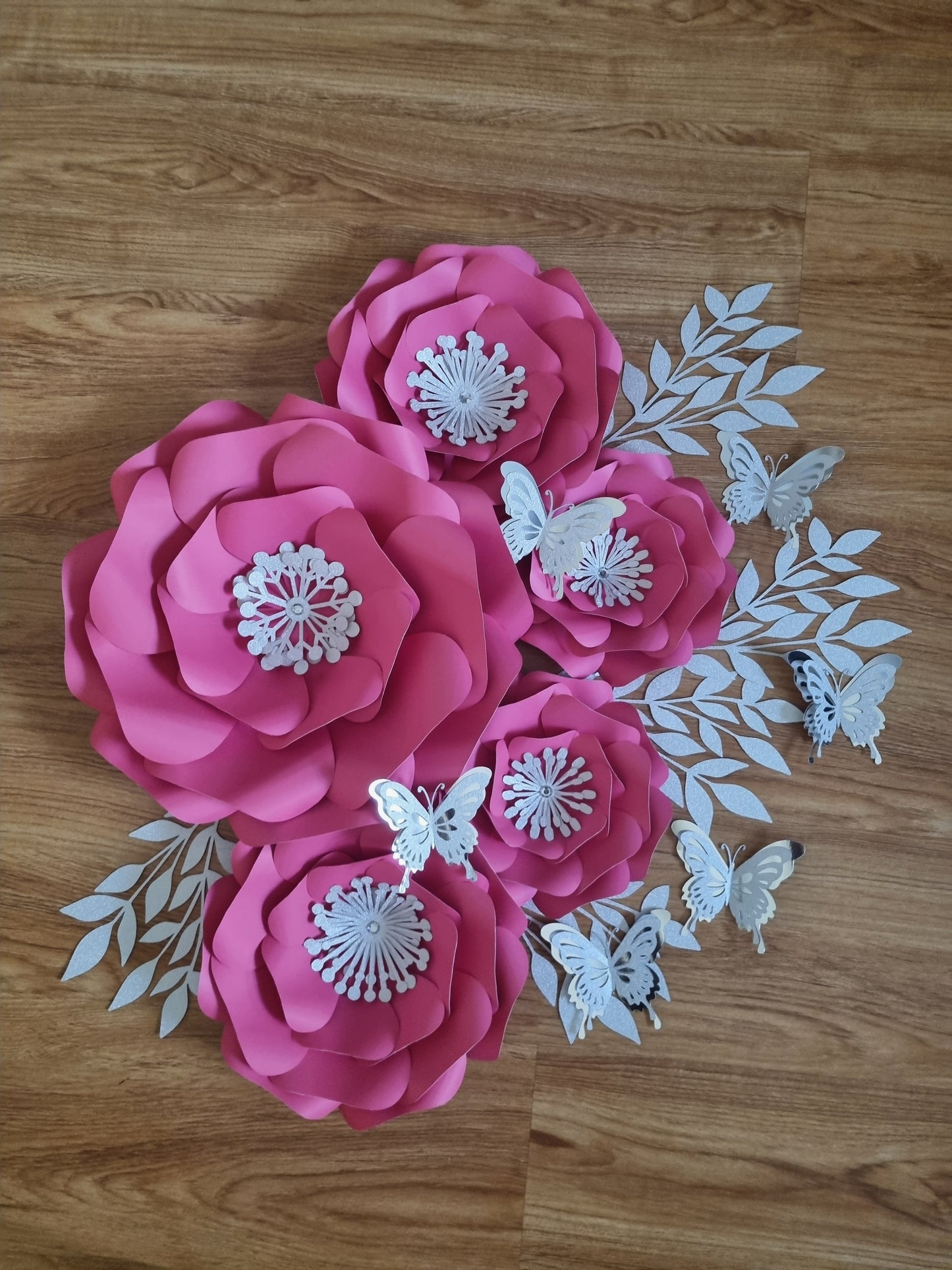 DO IT YOURSELF SET OF 5 PAPER FLOWERS WITH PAPER BUTTERFLIES AND LEAVES BRIGHT PINK/CERISE AND SILVER, Nursery paper flowers, nursery decor, paper flowers backdrop, birthday, baby shower