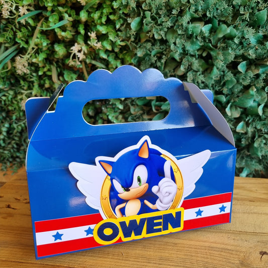 A blue party box with Sonic the Hedgehog character design, featuring the name 'Owen' on the front.