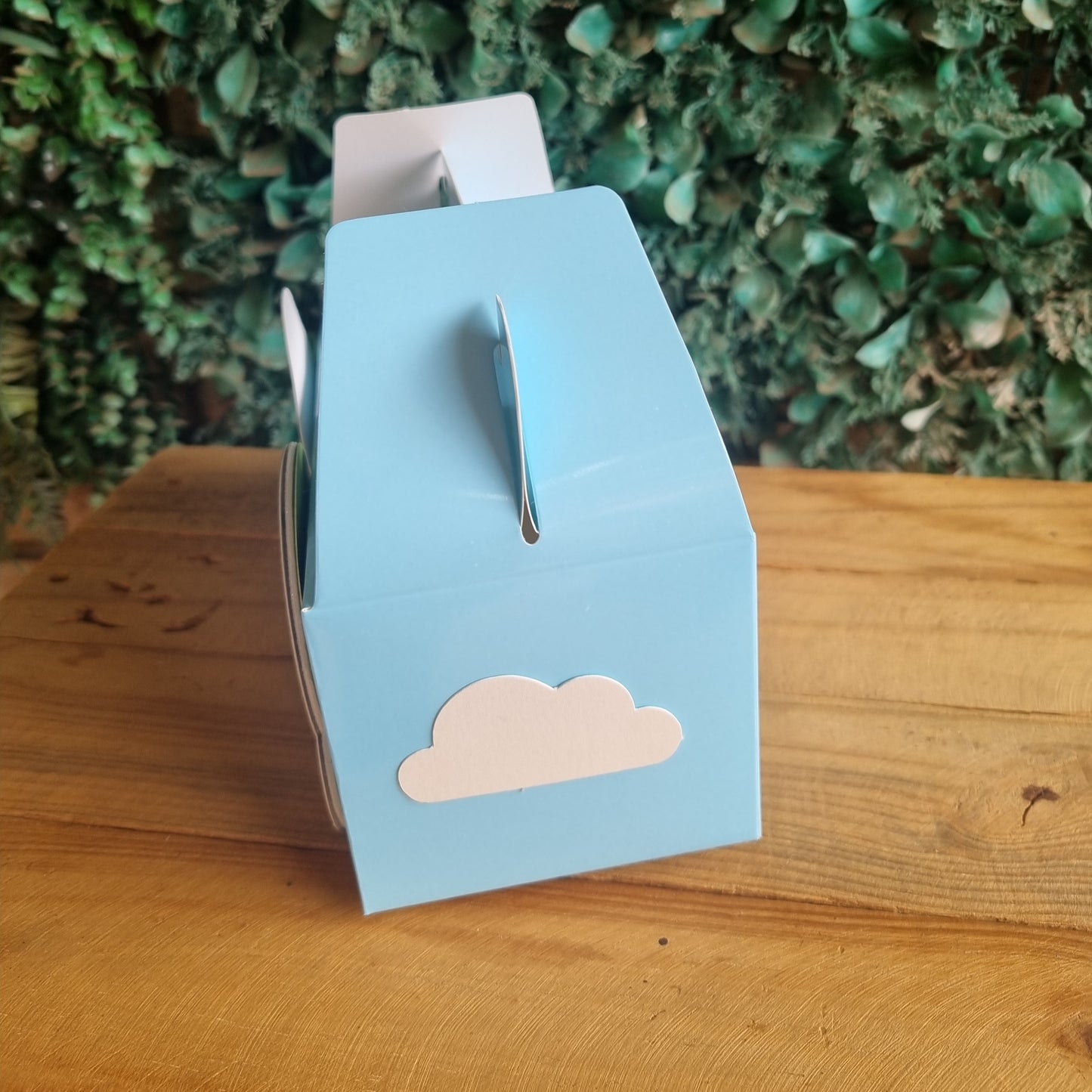 Small blue mailbox with a cloud design attached to a wooden post, against a green bush background.