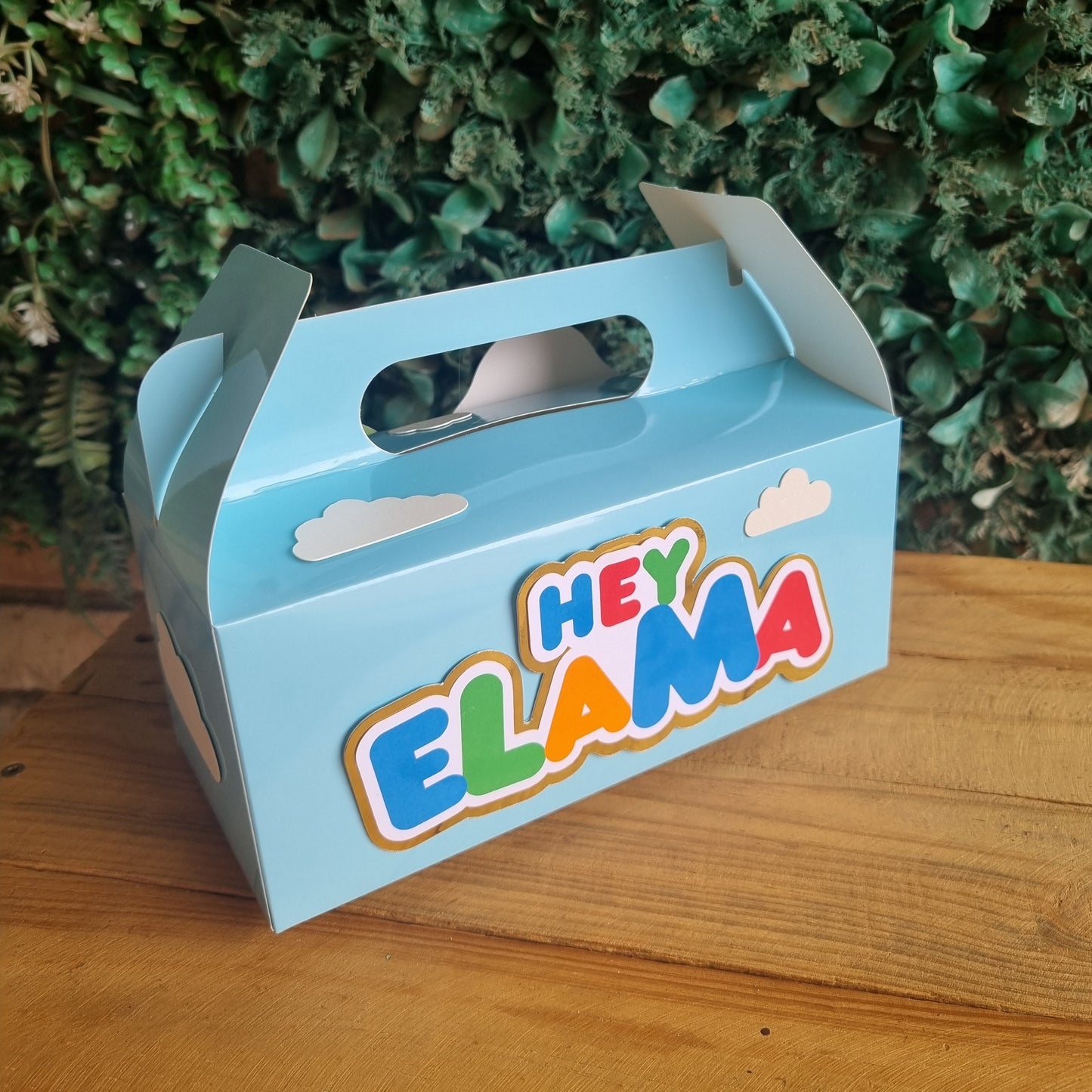 Blue box with colorful text on a wooden surface and green grass background