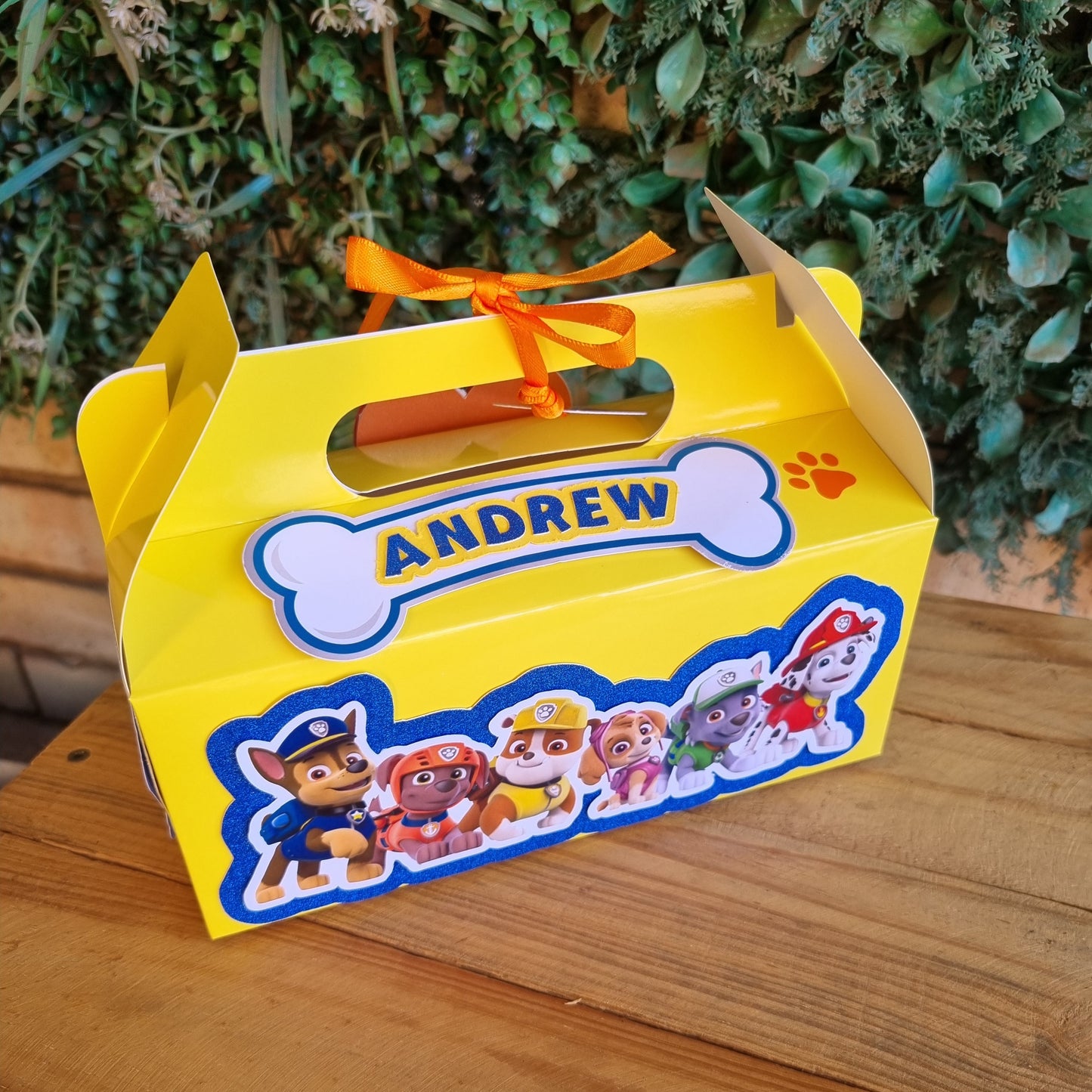 Yellow dog toy packaging with 'Andrew' branding on a wooden surface.