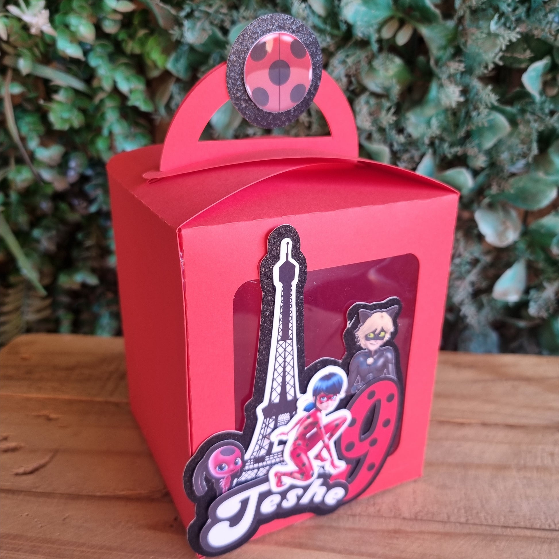 Red box with a guitar-shaped cutout on a wooden surface with greenery in the background
