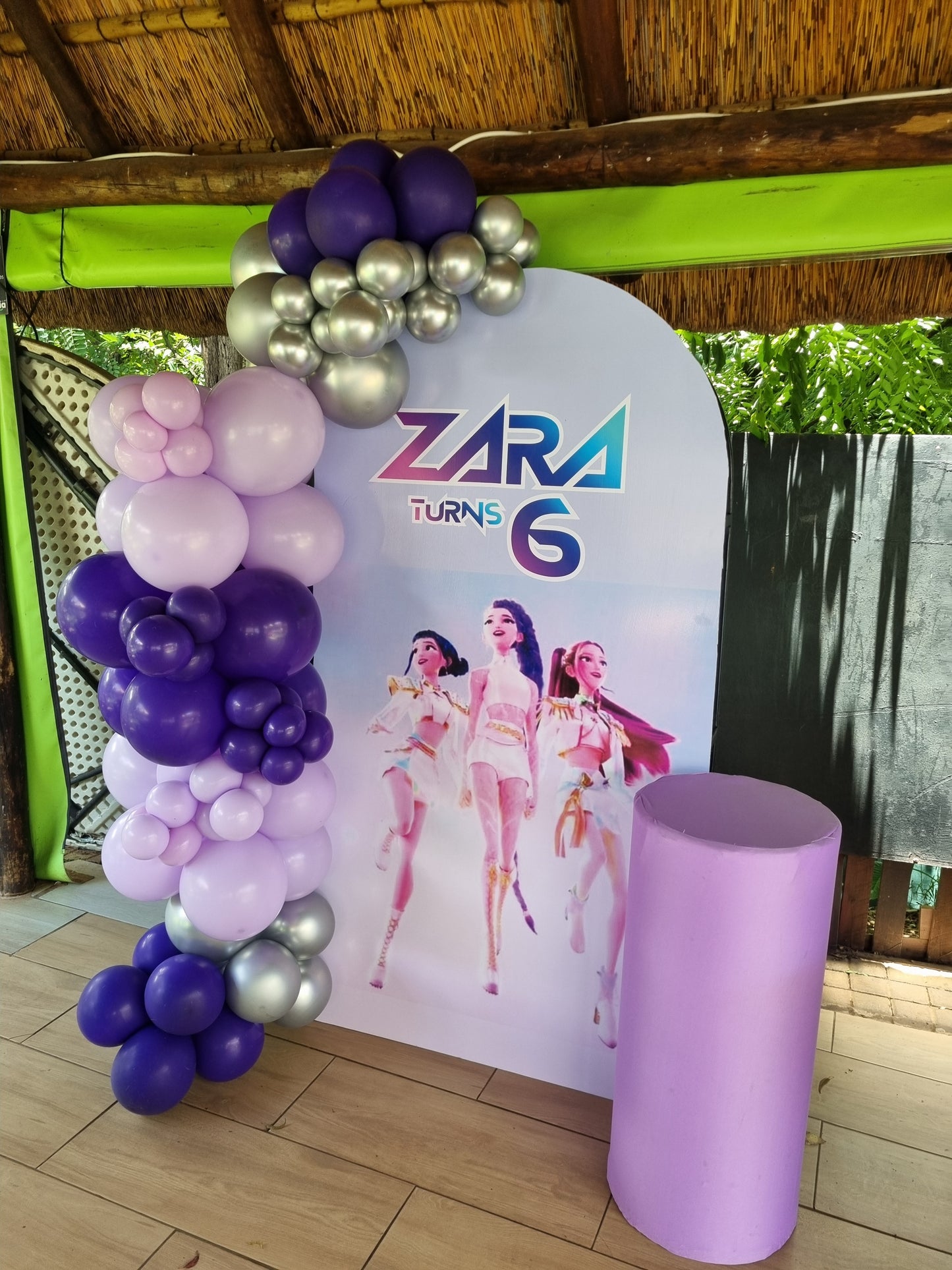 K-Pop Demon Hunters Full Print Chiara Backdrop with Organic Balloon Garland and Plinth