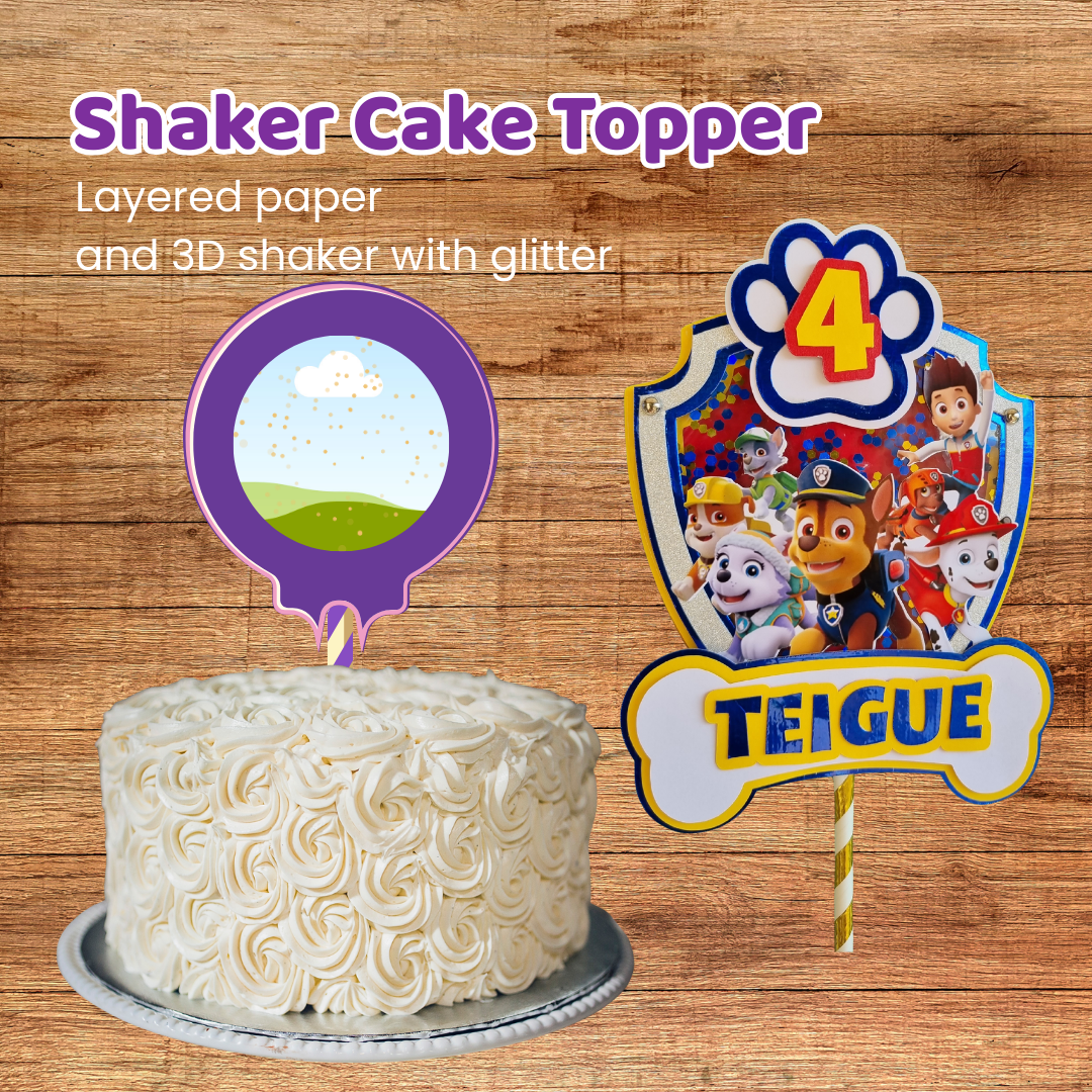 Shaker cake topper with colorful design and 'TEIGUE' text on a wooden background