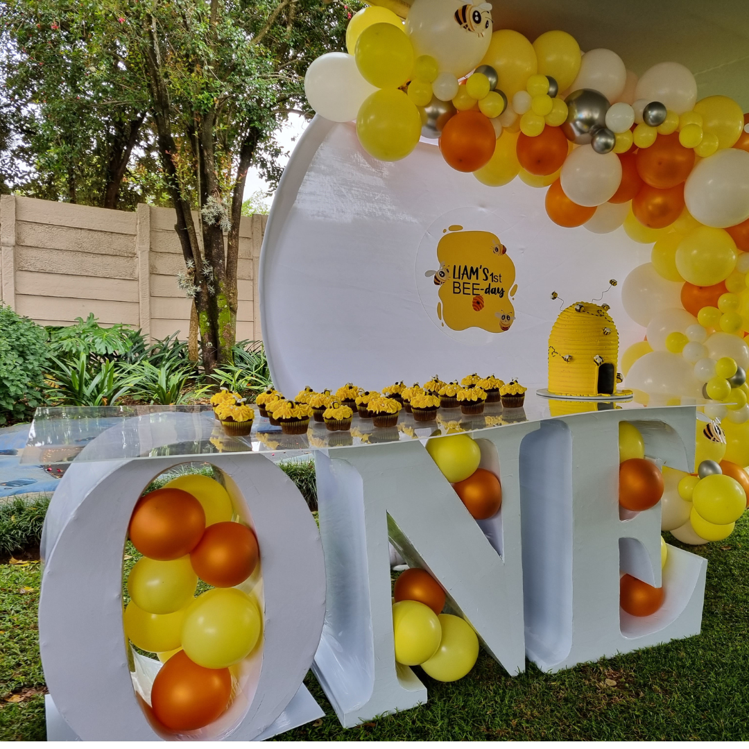 BEE-DAY Bee Themed Event Decor with Balloon Garland and ONE Table