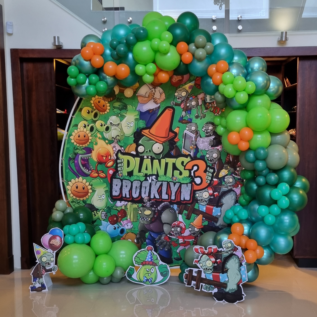Plants VS Zombies Round Backdrop Event Decor with Balloon Garland and Character Cutouts