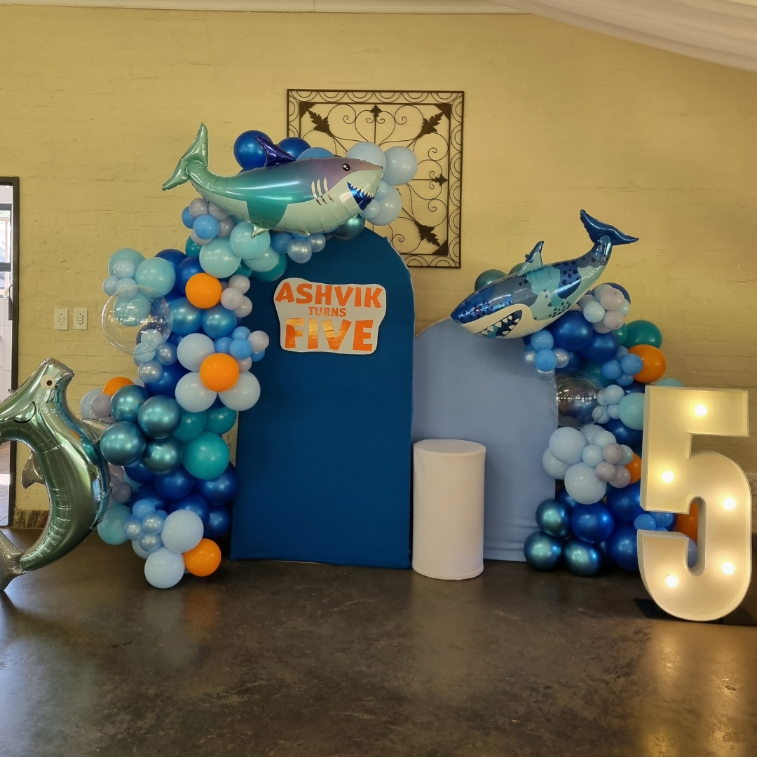 UNDER THE SEA SHARK Double Chiara Backdrop with Organic Balloon Garland and Marquee Number
