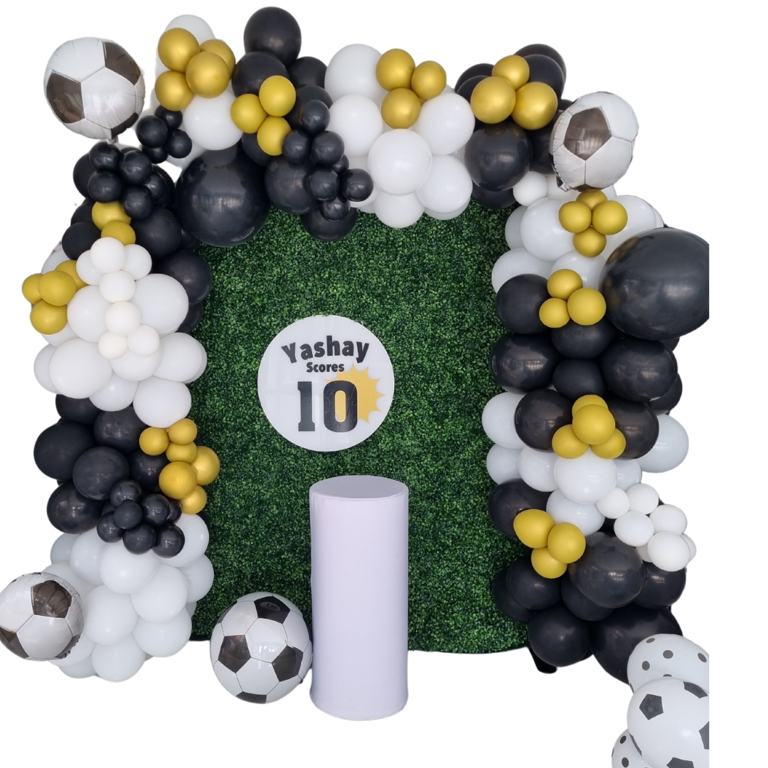 SOCCER EVENT DECOR Green Backdrop Balloon Garland and Plinth
