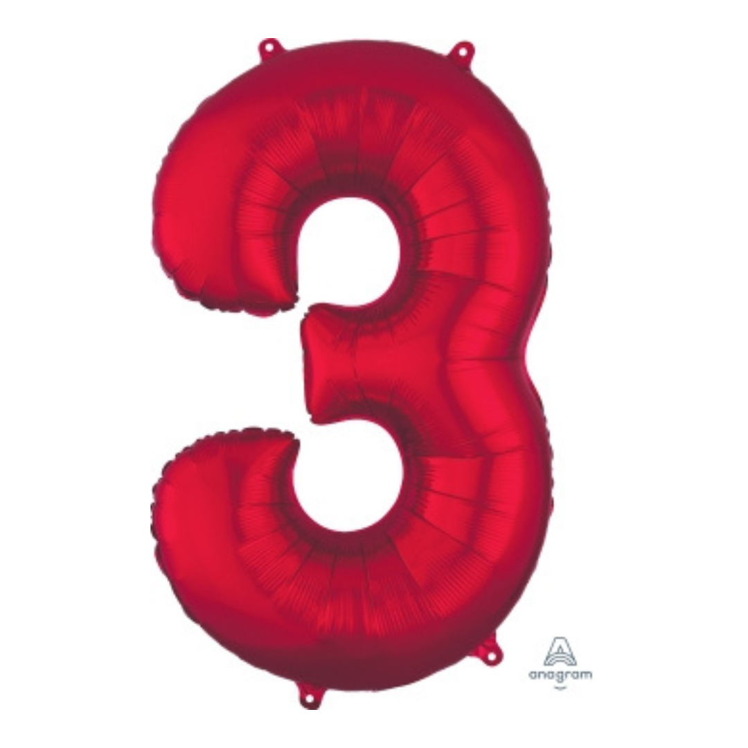FOIL BALLOON LARGE RED THREE 3