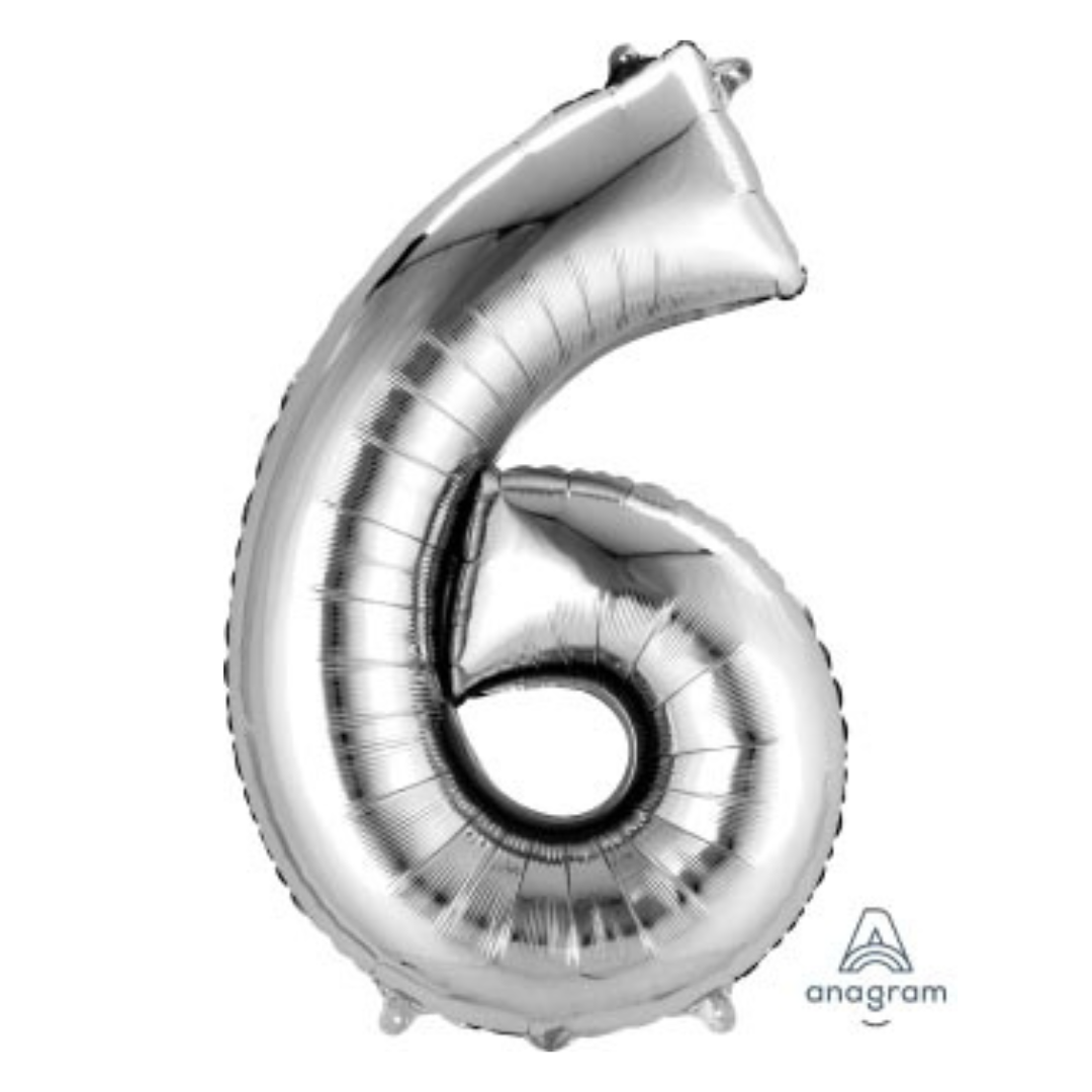 FOIL BALLOON LARGE SILVER SIX 6
