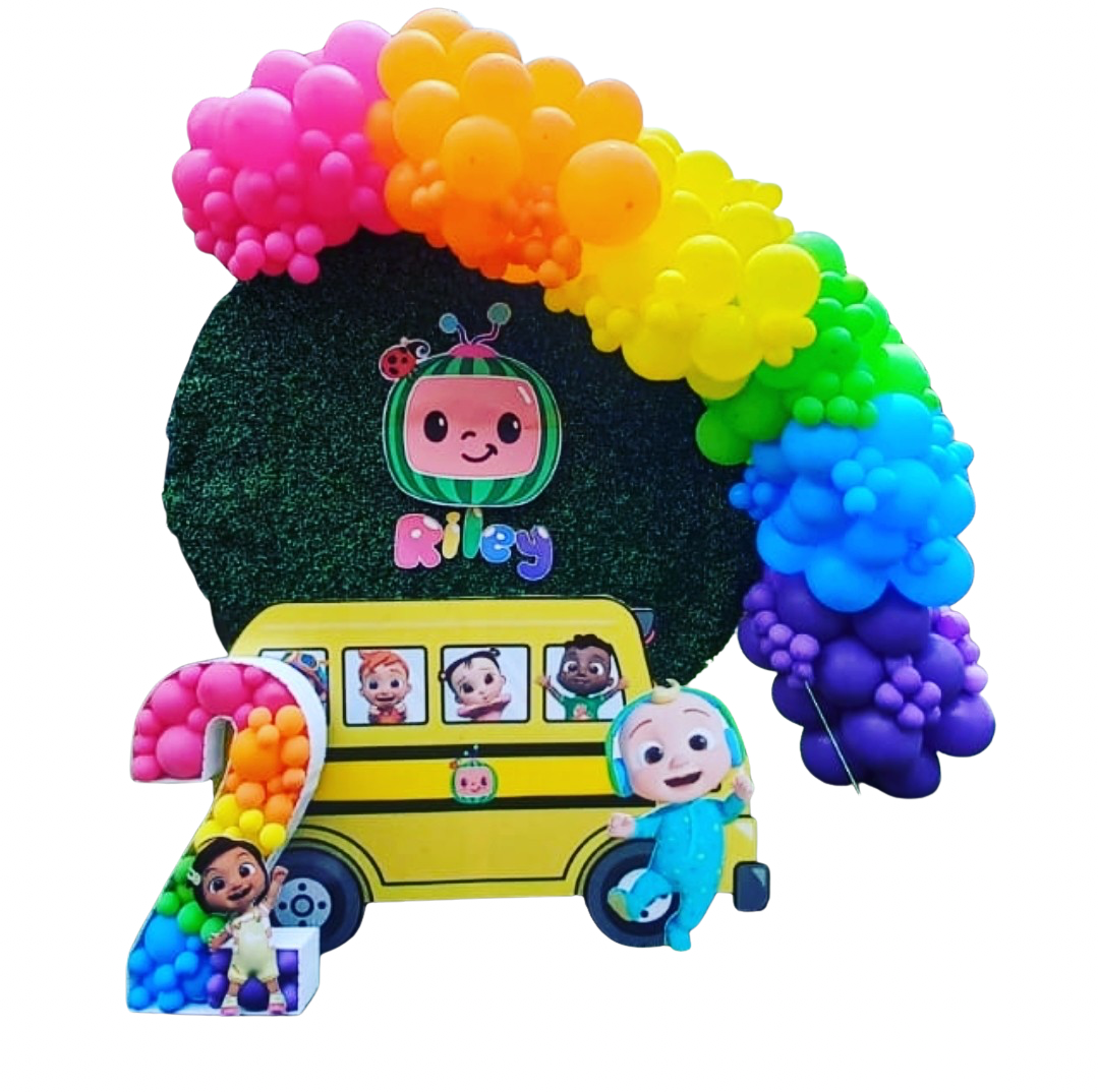 COCOMELON DECOR Round Faux Green Backdrop Balloon Garland Bus Table Character Cutout Balloon Mosaic