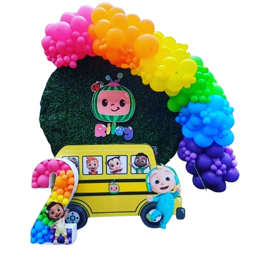 COCOMELON DECOR Round Faux Green Backdrop Balloon Garland Bus Table Character Cutout Balloon Mosaic