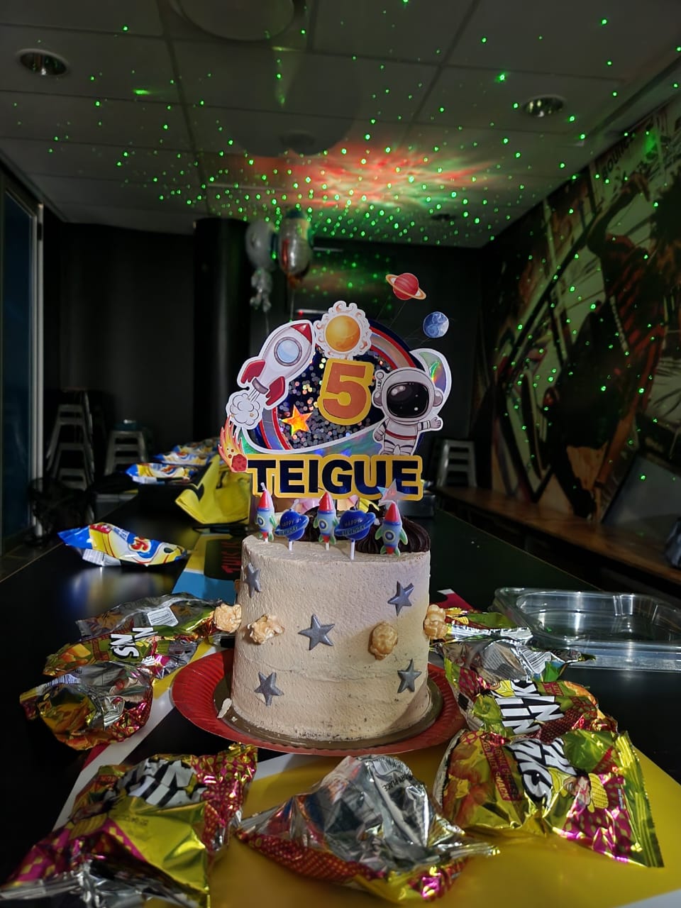 SPACE CAKE TOPPER B birthday party themed decor glitter shaker style personalized with name and age