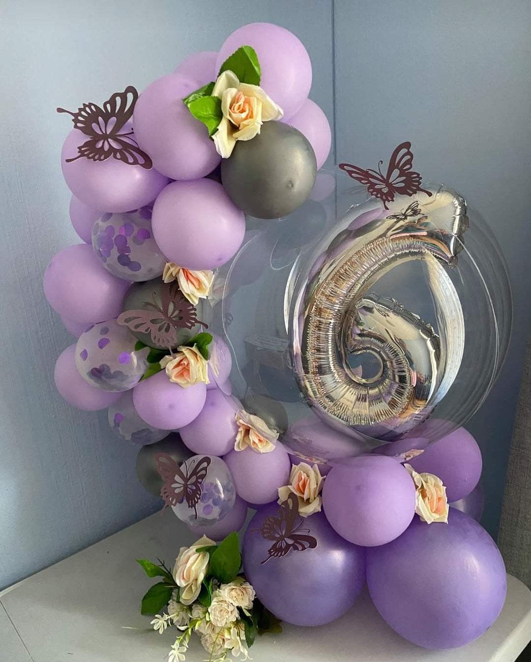 ORCHID BALLOON BOUQUET Large Foil Number Balloon Bouquet with mini garland and accessories butterflies and flowers Birthday Decor, Baby Shower
