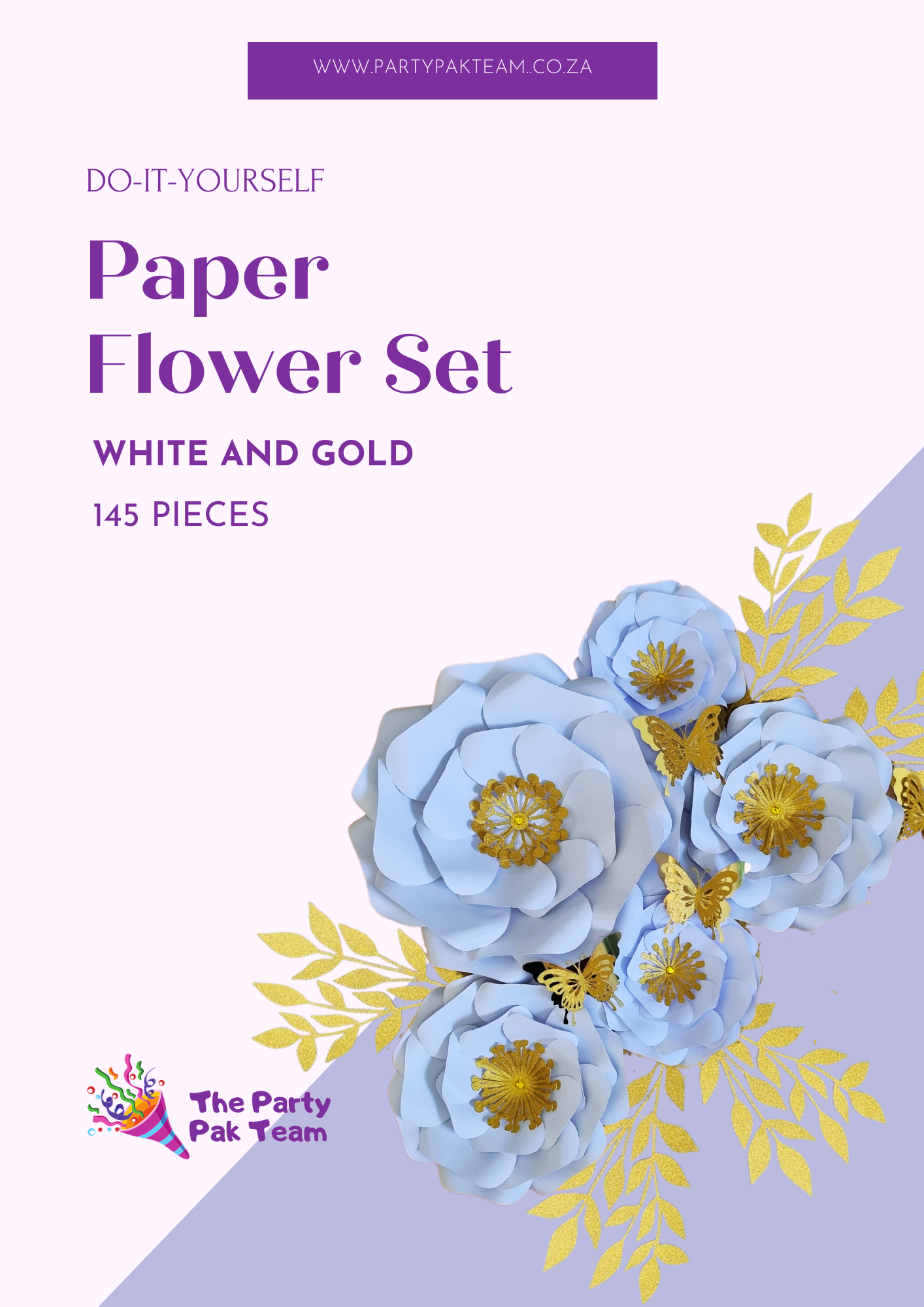 DO IT YOURSELF SET OF 5 PAPER FLOWERS WITH PAPER BUTTERFLIES AND LEAVES WHITE AND GOLD, Nursery paper flowers, nursery decor,  paper flowers backdrop, birthday, baby shower