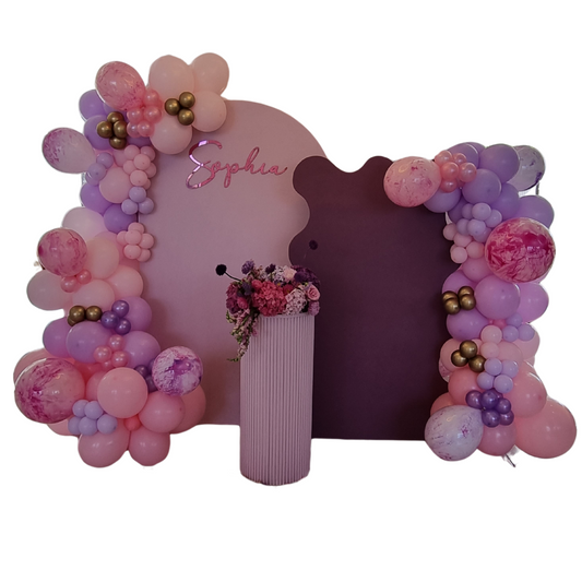 PINK AND PURPLE Double Chiara Backdrop with Organic Balloon Garland and Plinth