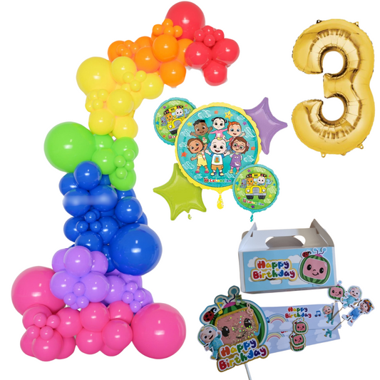 Cocomelon Themed  Rainbow Balloon Garland Kit Number 3 with Party Decor white