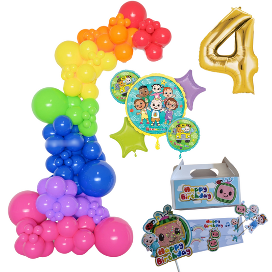 Cocomelon Themed  Rainbow Balloon Garland Kit Number 4 with Party Decor white