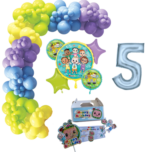 Cocomelon Themed Balloon Garland Kit Number 5 with Party Decor White