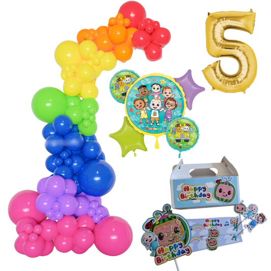 Cocomelon Themed  Rainbow Balloon Garland Kit Number 5 with Party Decor white