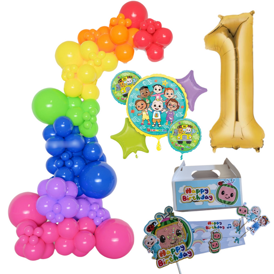 Cocomelon Themed  Rainbow Balloon Garland Kit Number 1 with Party Decor white