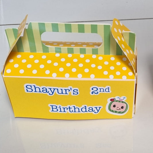 COCOMELON PARTY PACK 5 BOXES  B only, personalized kiddies birthday party themed decor party boxes customized