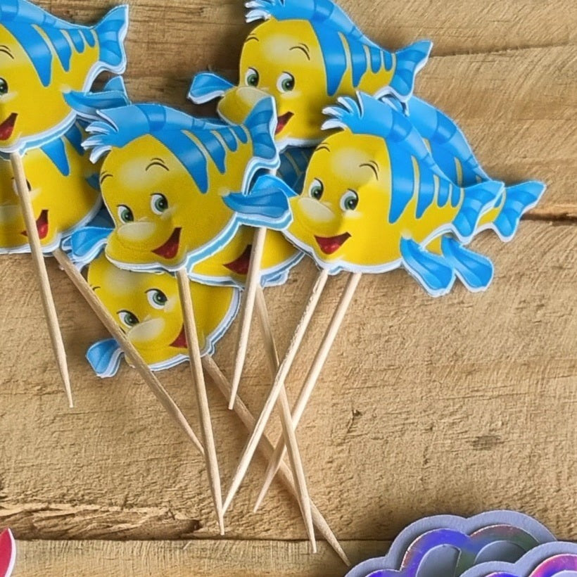 FLOUNDER TROPICAL FISH ARIEL CUPCAKE TOPPER  SET OF 12 birthday party themed decor