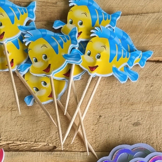 FLOUNDER TROPICAL FISH ARIEL CUPCAKE TOPPER  SET OF 12 birthday party themed decor