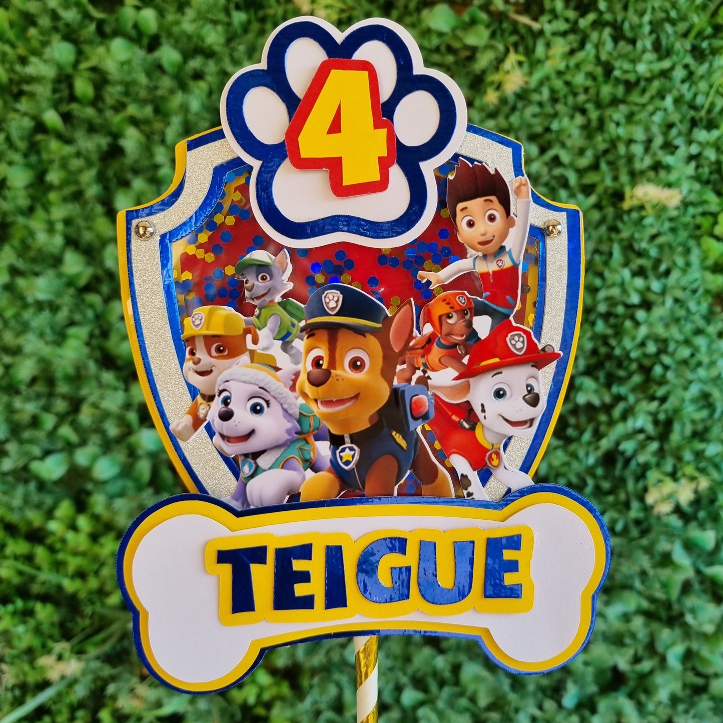 PAW PATROL CAKE TOPPER birthday party themed decor glitter shaker style personalized with name and age