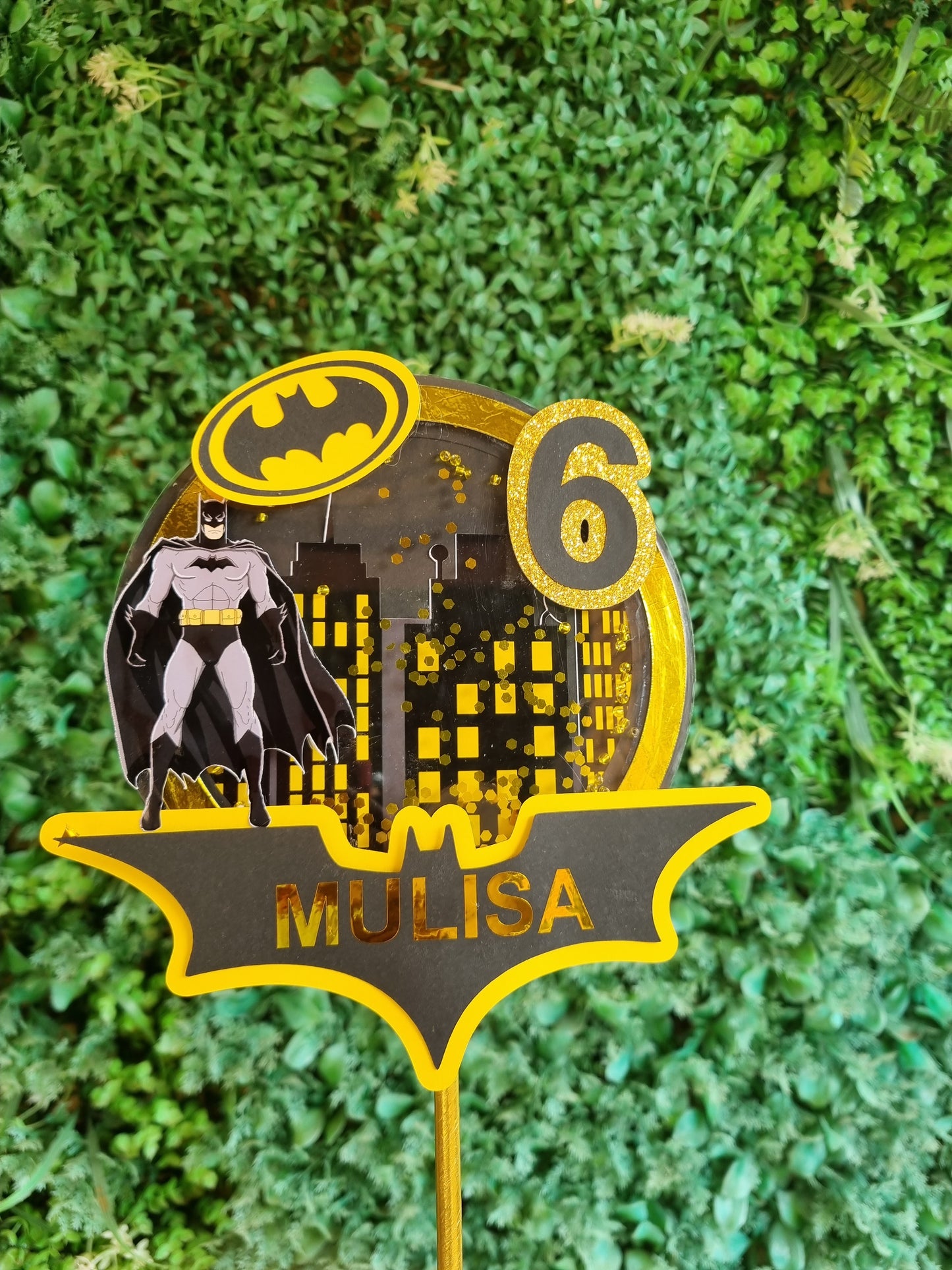 BATMAN CAKE TOPPER birthday party themed decor glitter shaker style personalized with name and age