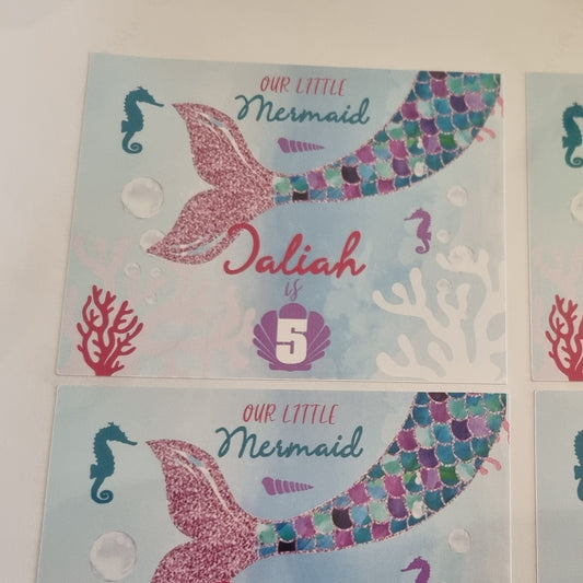 MERMAID THEMED STICKERS SET OF 4 birthday party themed decor personalized with name and age