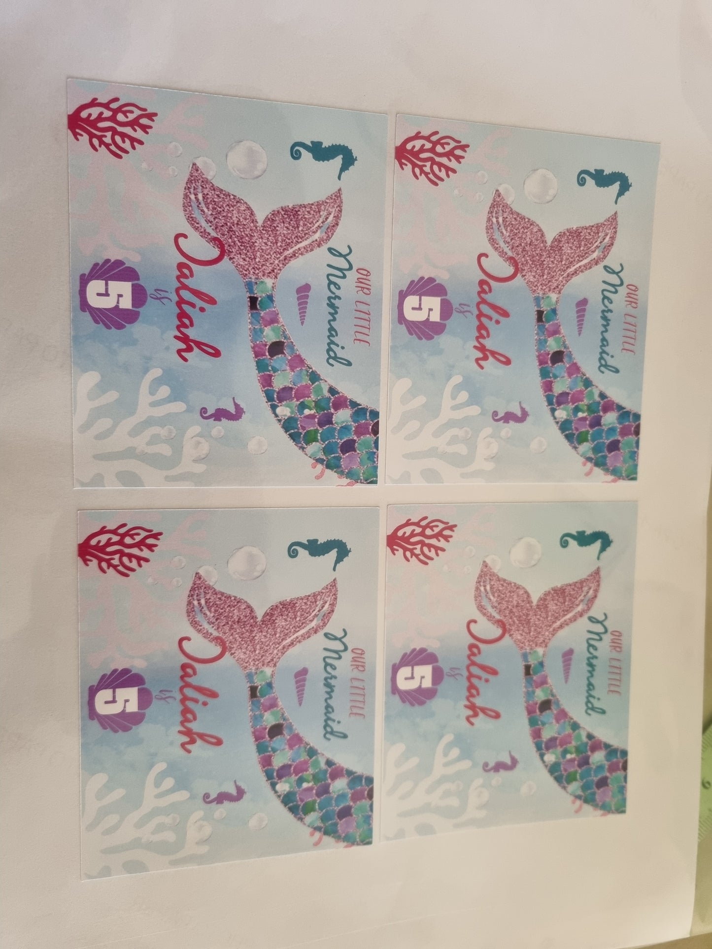 MERMAID THEMED STICKERS SET OF 4 birthday party themed decor personalized with name and age