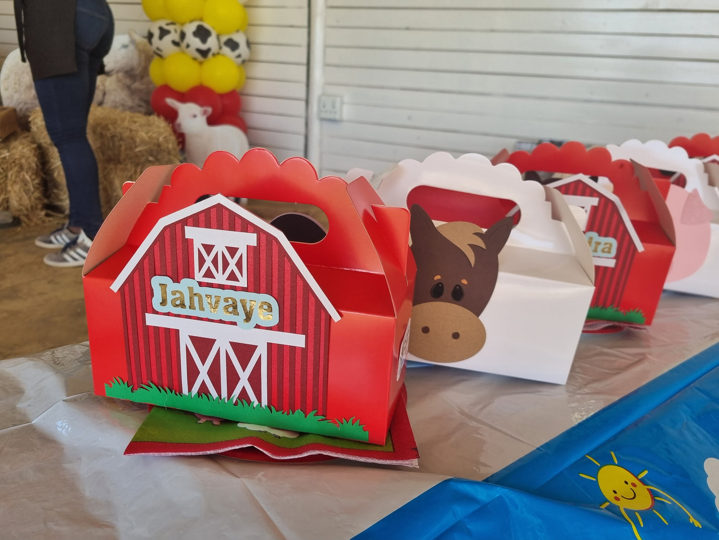 FARMYARD/ BARNYARD/ FARM PARTY PACK 5 BOXES only, personalized kiddies birthday party themed decor party boxes customized